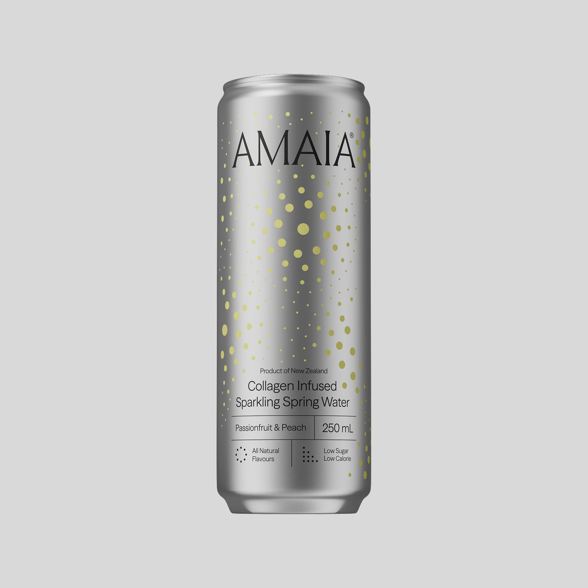 Amaia Passionfruit & Peach 250 mL can on a light grey background