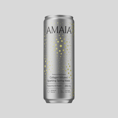 Amaia Passionfruit & Peach 250 mL can on a light grey background