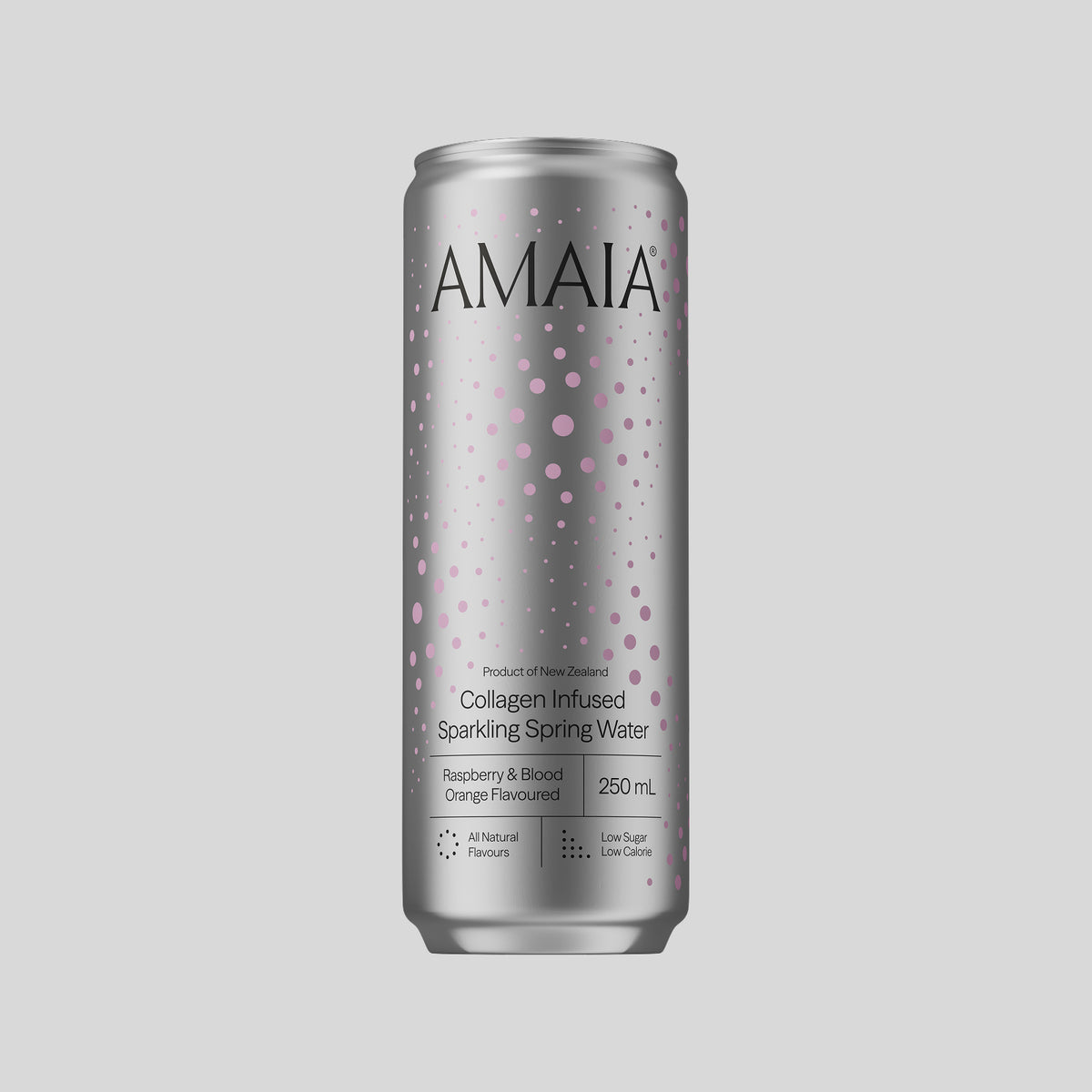 Amaia Raspberry & Blood Orange 250 mL can on a light grey background
