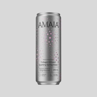 Amaia Raspberry & Blood Orange 250 mL can on a light grey background